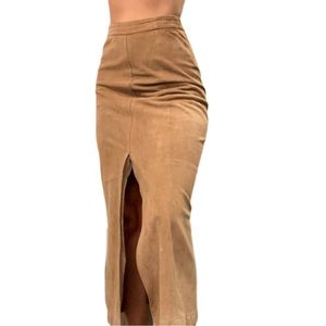 CAPPUCCINO COLORED, 100% LEATHER (SUEDE), VINTAGE, ESCADA SPORT, MAXI SKIRT